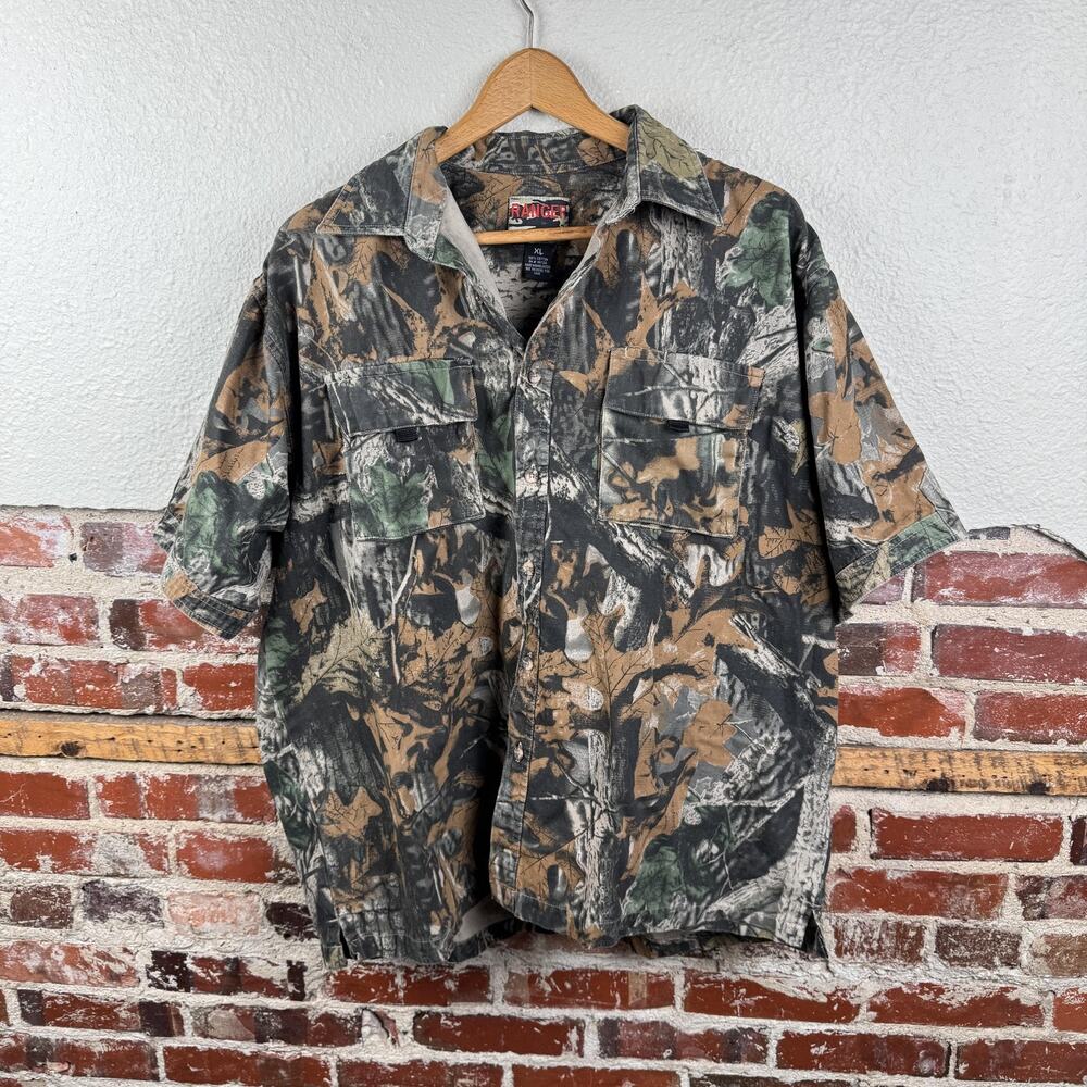Vintage Ranger Shirt Mens XL Camo Short Sleeve Button Down Hunting Outdoors